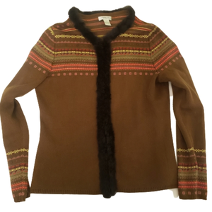 Harold's cotton with cashmere fur‎ collar cardigan sweater fair isle